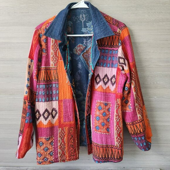 Flashback Art to Wear REVERSIBLE Colorful Floral Festival Jacket Boho Patchwork - Picture 2 of 16